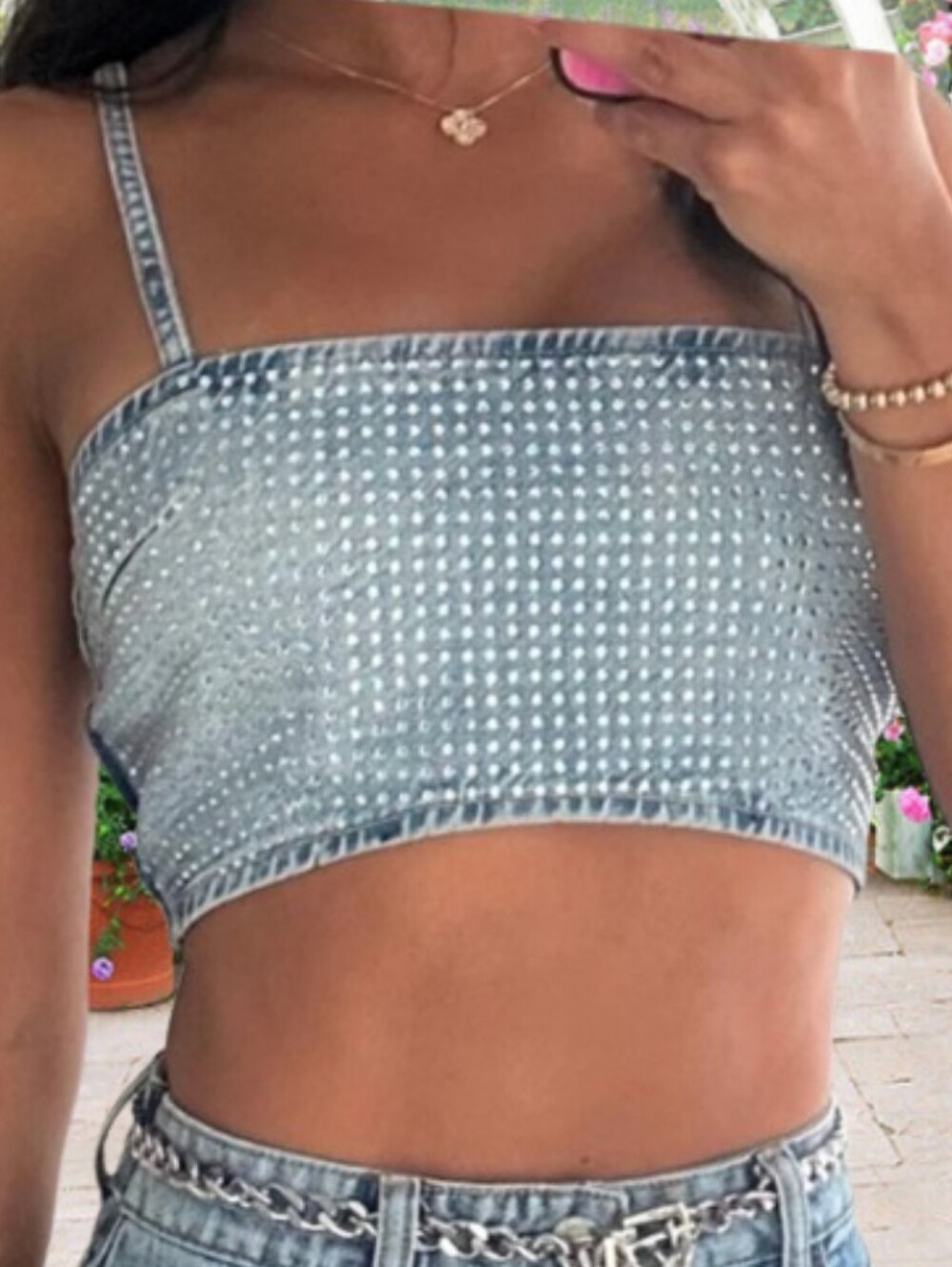 Zara Light Blue Studded Denim-Style Crop Top Xs